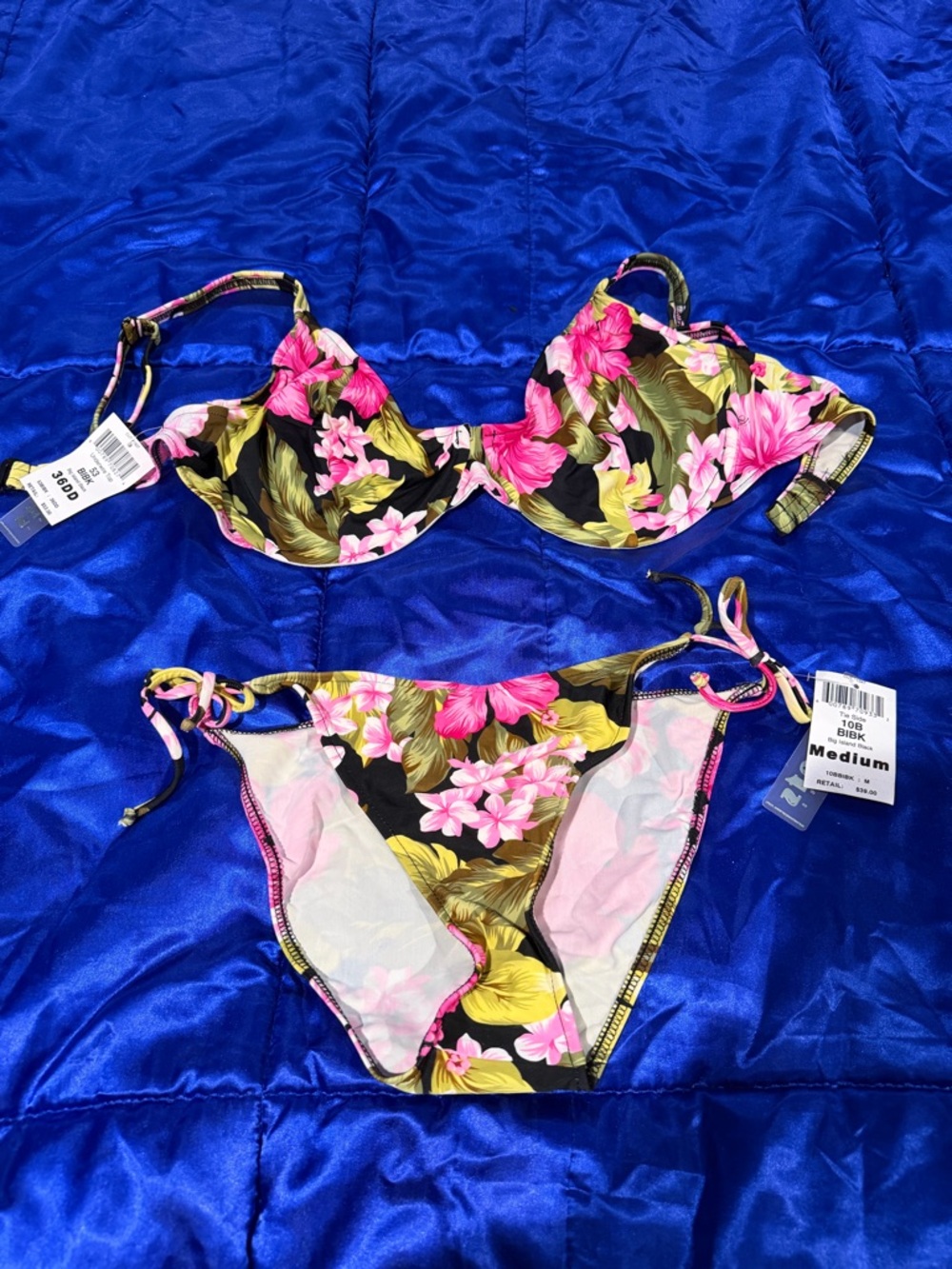 Xhilaration Black Tropical Floral Underwire Bikini with Pink & Green Accents